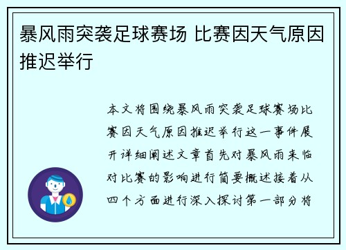 暴风雨突袭足球赛场 比赛因天气原因推迟举行