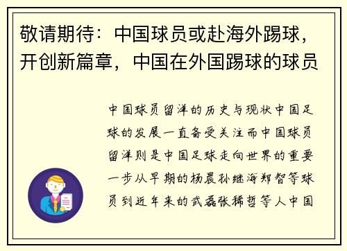 敬请期待：中国球员或赴海外踢球，开创新篇章，中国在外国踢球的球员