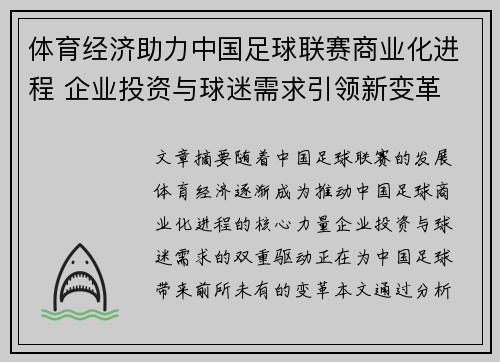 体育经济助力中国足球联赛商业化进程 企业投资与球迷需求引领新变革