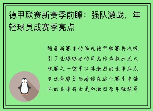 德甲联赛新赛季前瞻：强队激战，年轻球员成赛季亮点